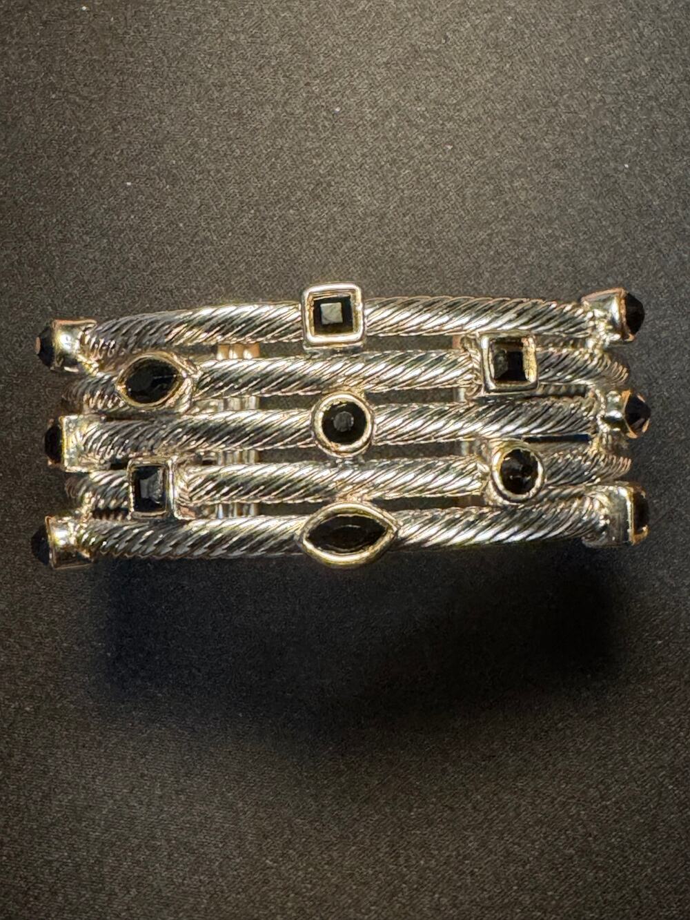 Heavy Stainless Steel Open Bracelet w/ Blk Stones